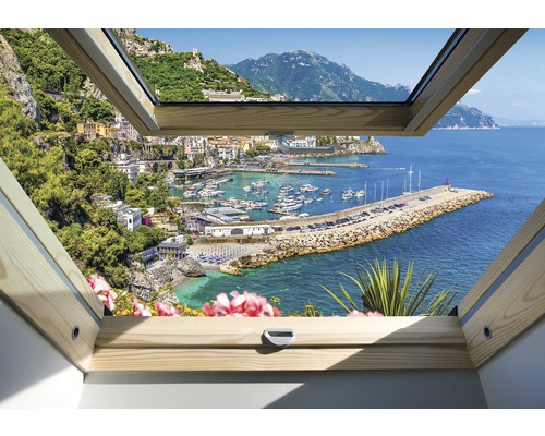 Papier peint panoramique intissé fenêtre de toit Riviera bleu vert 312 x 219 cm