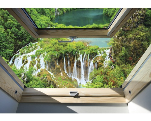Papier peint photo papier fenêtre de toit bois vert blanc 254 x 184 cm Fenêtre de toit ouverte avec vue sur une cascade