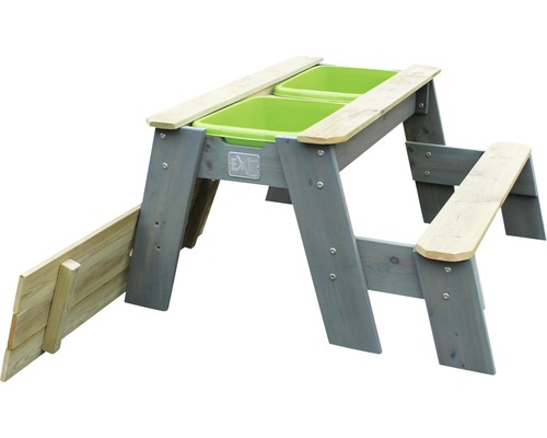 Table de pique-nique grise avec deux bacs verts et bancs