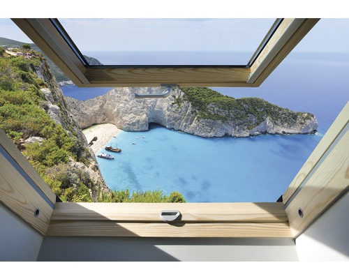 Papier peint panoramique intissé fenêtre de toit côte bleu vert 312 x 219 cm