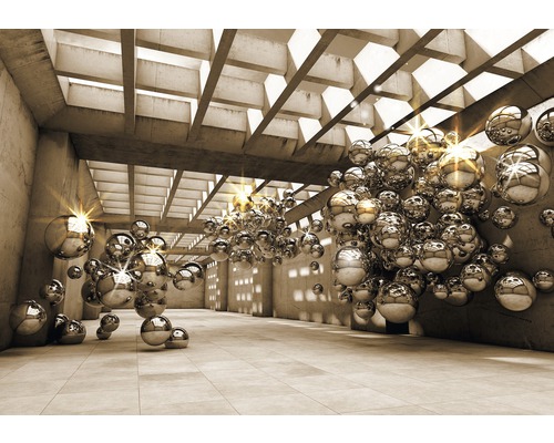 Papier peint photo papier chambre avec balles 3D argent 254 x 184 cm Intérieur avec de nombreuses sphères brillantes