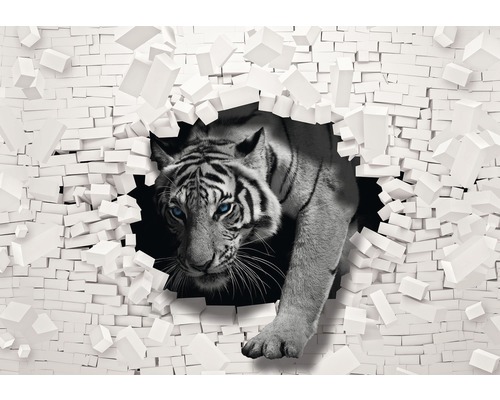 Papier peint panoramique papier tigre 3D blanc gris 254 x 184 cm