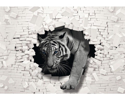 Fototapete Vlies 10400 VEXXLTiger 3D weiss grau 3-tlg. 312 x 219 cm Fototapete mit einem Tiger, der durch eine Backsteinmauer bricht