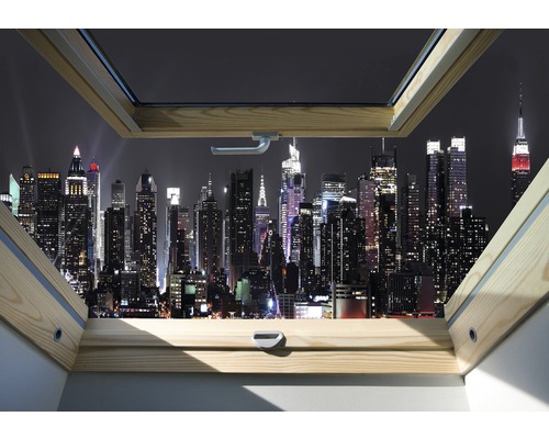 Papier peint photo papier fenêtre de toit NY anthracite 254 x 184 cm Fenêtre de toit donnant sur une silhouette de ville la nuit