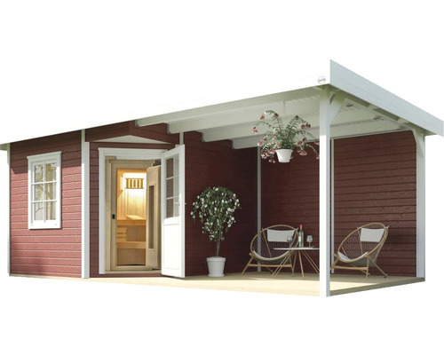 Holzgartenhaus mit Sauna, Terrasse, Fenstern und Tür