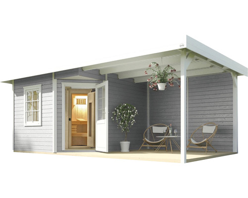 Holzgartenhaus mit Sauna, Terrasse, Fenstern und Doppeltür