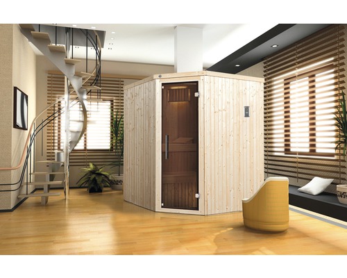 Sauna modulaire Kiruna GT taille 2 avec poêle 4,5 kW et commande numérique avec porte entièrement vitrée couleur graphite