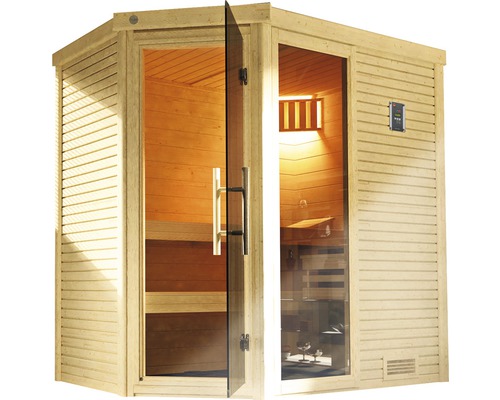 Offene Ecksauna mit Glastür und Holzverkleidung