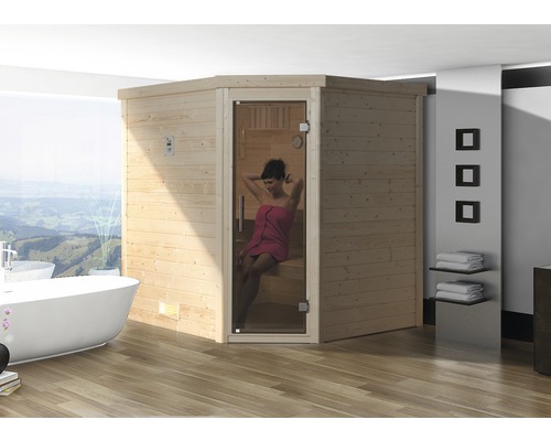 Sauna en bois massif Weka Turku d'angle GT kit 2 avec poêle bio 7,5 kW et commande numérique, avec porte entièrement vitrée couleur graphite