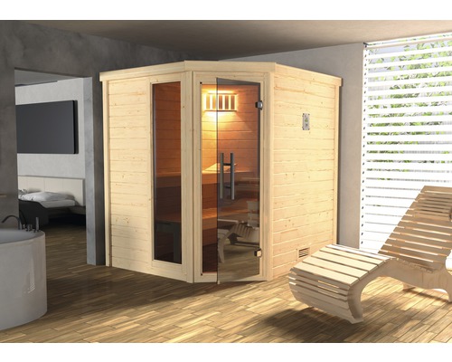 Sauna en bois massif Weka Turku d'angle GTF kit 2 avec poêle bio 7,5 kW et commande numérique, avec fenêtre et porte entièrement vitrée couleur graphite