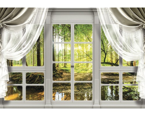 Fototapete Papier Fenster mit Wald grün 254 x 184 cm