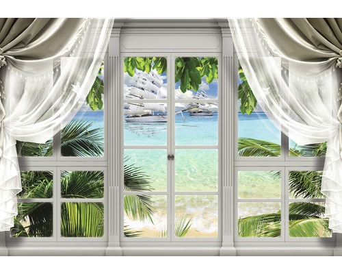Papier peint panoramique intissé Vue sur le paradis beige vert 312 x 219 cm