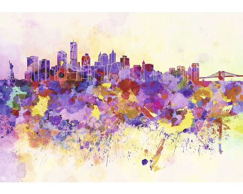 Papier peint photo papier Stadt Aquarell lilas jaune 254 x 184 cm Illustration de la skyline de New York avec la Statue de la Liberté et le pont