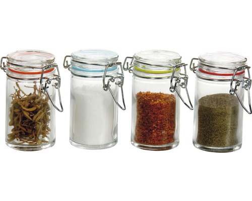 Vier gefüllte Glasbehälter mit Bügelverschluss