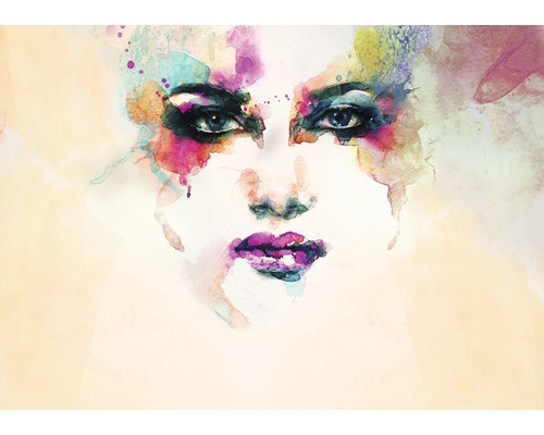 Papier peint photo papier Frau in Aquarell lilas beige 254 x 184 cm Illustration d''un visage de femme avec des couleurs aquarelles