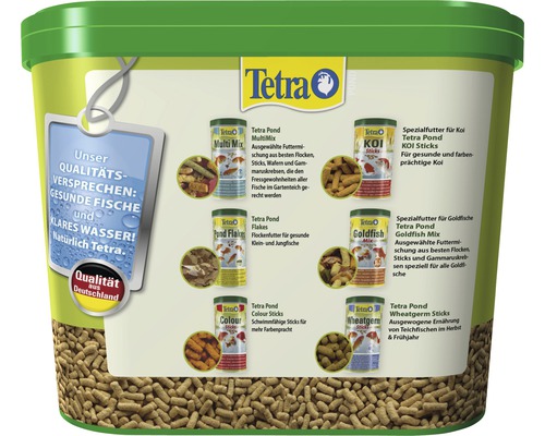 Tetra Teichfischfutter im Eimer mit verschiedenen Futtersorten wie MultiMix, Pond Flakes, Colour Sticks, Koi Sticks, Goldfish Mix und Wheatgerm Sticks