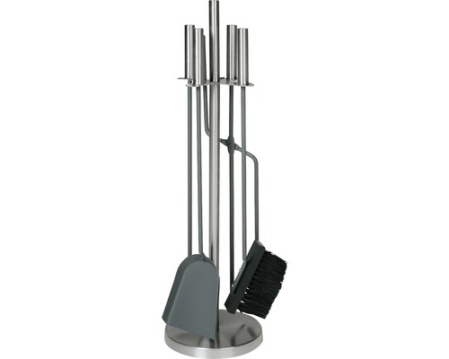 Serviteur de cheminée en métal avec support, pelle, balai, tisonnier et pince pour le nettoyage et l''entretien de la cheminée