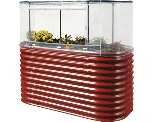 Hochbeet mit Frühbeetaufsatz und Bepflanzung