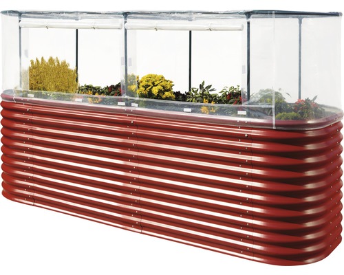 Hochbeet aus Metall mit Frühbeetaufsatz und Pflanzen