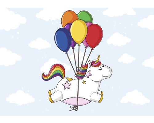Papier peint photo papier Pummeleinhorn Ballon bleu blanc 254 x 184 cm Peluche licorne avec crinière arc-en-ciel et ballons colorés devant un ciel bleu