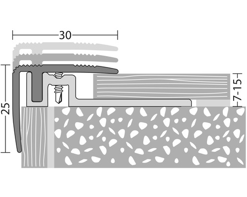 Illustration eines Treppenkantenprofils mit den Maßen 25 und 30 Millimeter und einer Höhe von 7 bis 15 Millimeter.