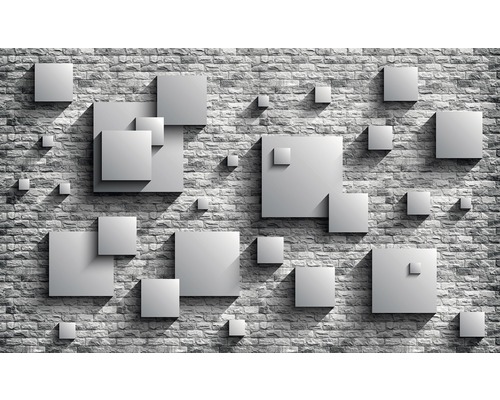 Papier peint photo papier Ziegelwand 3D blanc gris 254 x 184 cm Papier peint avec motif de cubes géométriques sur fond de briques