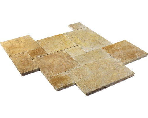 FLAIRSTONE Travertin Terrassenplatte Venezia römischer Verband Set = 1,44 m² Verbund aus Travertin-Fliesen für den Innen- und Aussenbereich