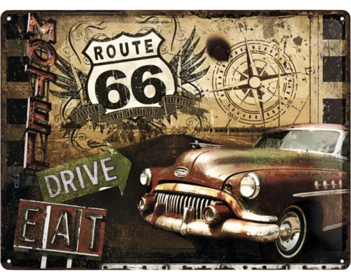 Dekoratives Blechschild mit Motiv Route 66, Kompass, Auto, Motel und Wegweisern