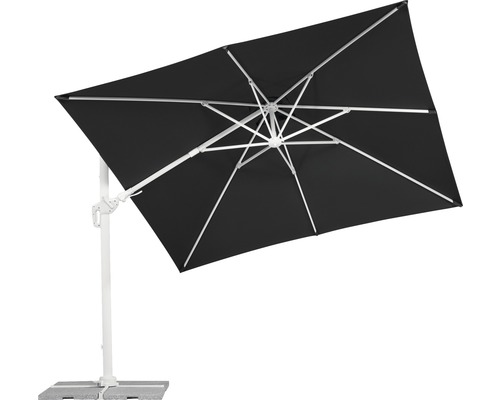 Freiarmschirm mit quadratischem, schwarzem Schirmdach und weissem Gestell