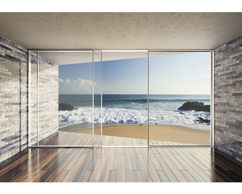 Papier peint photo papier Ausblick auf Meer bleu brun 254 x 184 cm Pièce lumineuse avec mur en pierre, parquet et façade vitrée donnant sur la mer