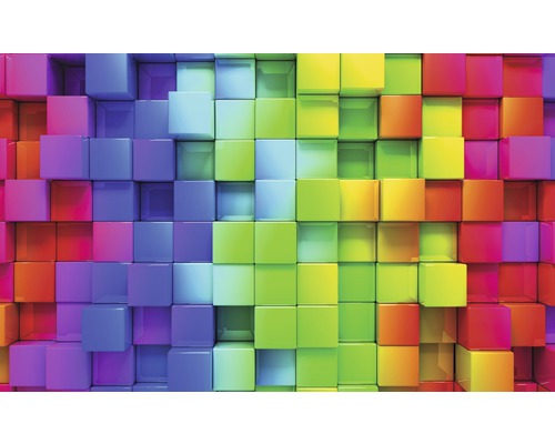 Papier peint panoramique intissé Bunte Quadrate 3D vert 312 x 219 cm Mur de cubes multicolores