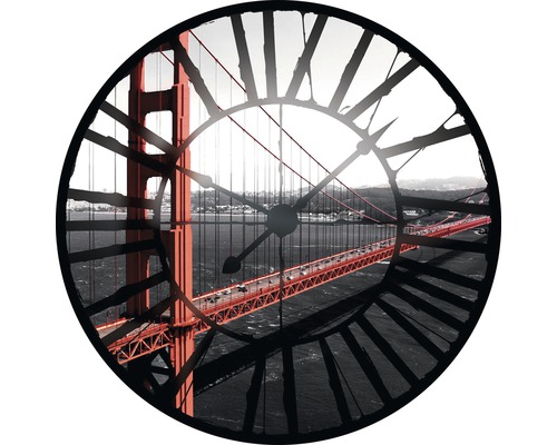 Papier peint panoramique intissé San Francisco Clock rouge gris 208 x 208 cm Horloge décorative avec motif du Golden Gate Bridge