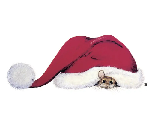 Illustration einer Maus unter einem Weihnachtsmannhut