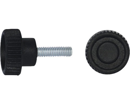 Rändelgriffschraube Ø 35 mm M6x47,5 schwarz, 20 Stück Rändelschraube mit Gewindeanschluss, Seiten- und Frontansicht