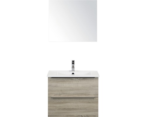 Set de meubles de salle de bains Sanox Pulse lxhxp 71 x 170 x 51 cm couleur de façade chêne gris avec vasque en céramique blanc et meuble sous vasque vasque miroir