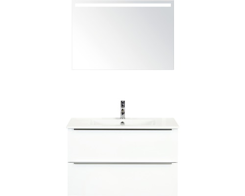 Set de meubles de salle de bains Sanox Pulse lxhxp 91 x 170 x 51 cm couleur de façade blanc haute brillance avec vasque en céramique blanc et meuble sous vasque vasque miroir avec éclairage LED