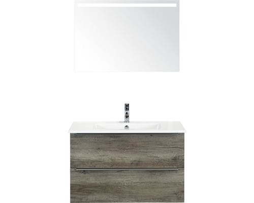 Set de meubles de salle de bains Sanox Pulse lxhxp 91 x 170 x 51 cm couleur de façade nebraska oak avec vasque en céramique blanc et meuble sous vasque vasque miroir avec éclairage LED