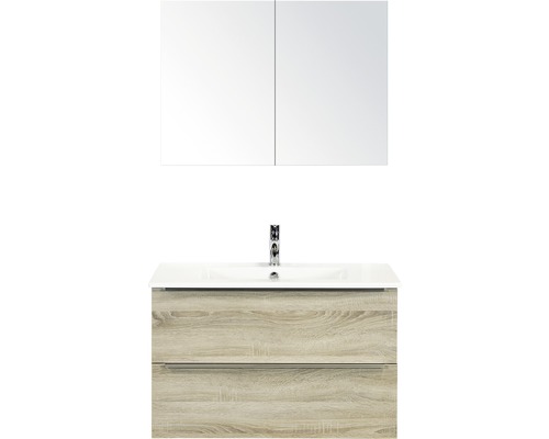 Set de meubles de salle de bains Sanox Pulse lxhxp 91 x 170 x 51 cm couleur de façade gris chêne avec vasque en céramique blanc