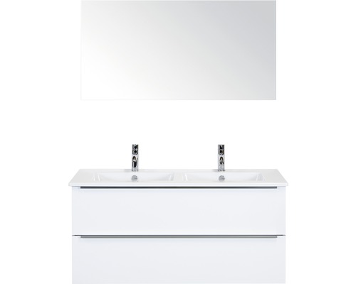 Set de meubles de salle de bains Sanox Pulse lxhxp 121 x 170 x 51 cm couleur de façade blanc haute brillance avec vasque en céramique blanc et meuble sous vasque double vasque miroir