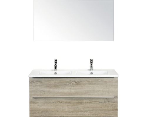 Set de meubles de salle de bains Sanox Pulse lxhxp 121 x 170 x 51 cm couleur de façade chêne gris avec vasque en céramique blanc et meuble sous vasque double vasque miroir