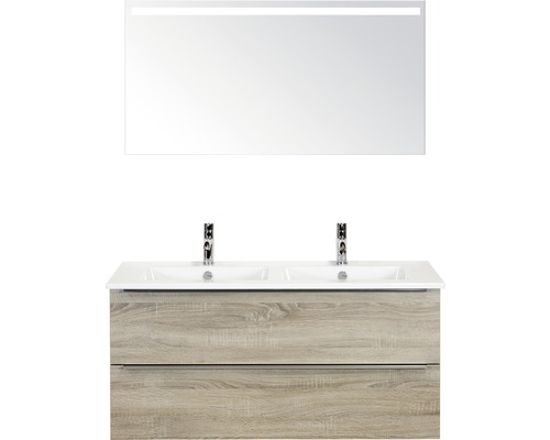 Badmöbel-Set Pulse 120 cm mit Doppelwaschtisch Keramik und Spiegel mit LED-Beleuchtung Eiche grau 84725916