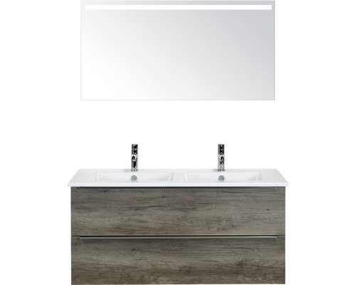 Set de meubles de salle de bains Sanox Pulse lxhxp 121 x 170 x 51 cm couleur de façade nebraska oak avec vasque en céramique blanc et meuble sous vasque double vasque miroir avec éclairage LED