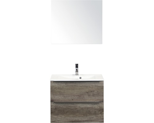 Set de meubles de salle de bains Sanox Pulse lxhxp 70 x 170 x 50 cm couleur de façade nebraska oak avec vasque en fonte minérale blanc et meuble sous vasque vasque miroir