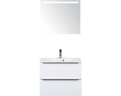 Set de meubles de salle de bains Sanox Pulse lxhxp 70 x 170 x 50 cm couleur de façade blanc haute brillance avec vasque en fonte minérale blanc et meuble sous vasque vasque miroir avec éclairage LED