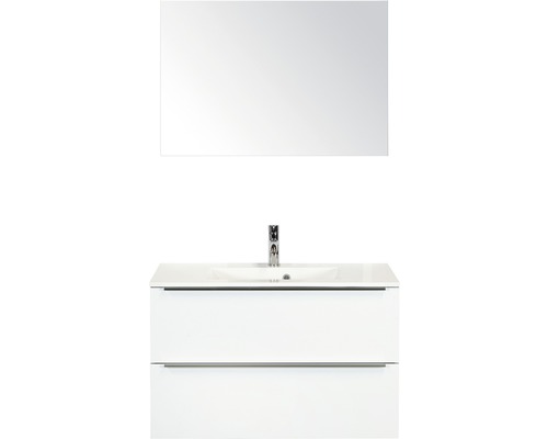 Set de meubles de salle de bains Sanox Pulse lxhxp 90 x 170 x 50 cm couleur de façade blanc haute brillance avec vasque en fonte minérale blanc et meuble sous vasque vasque miroir