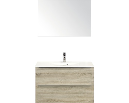 Set de meubles de salle de bains Sanox Pulse lxhxp 90 x 170 x 50 cm couleur de façade chêne gris avec vasque en fonte minérale blanc et meuble sous vasque vasque miroir