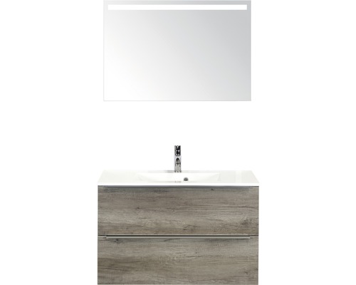 Set de meubles de salle de bains Sanox Pulse lxhxp 90 x 170 x 50 cm couleur de façade nebraska oak avec vasque en fonte minérale blanc et meuble sous vasque vasque miroir avec éclairage LED