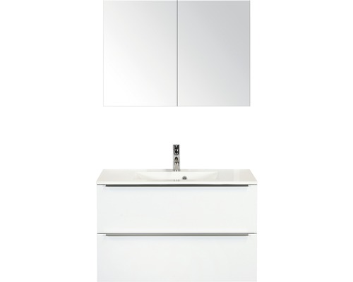 Set de meubles de salle de bains Sanox Pulse lxhxp 90 x 170 x 50 cm couleur de façade blanc haute brillance avec vasque en fonte minérale blanc