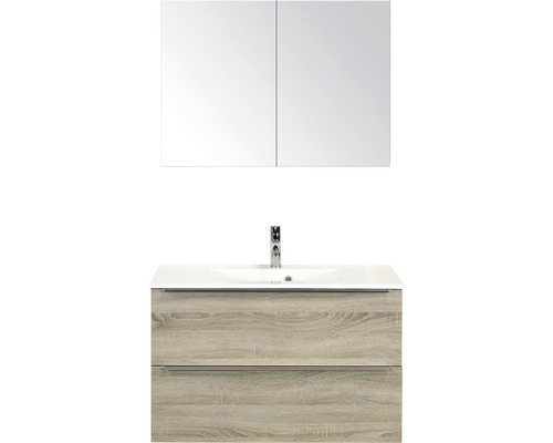 Set de meubles de salle de bains Sanox Pulse lxhxp 90 x 170 x 50 cm couleur de façade chêne gris avec vasque en fonte minérale blanc