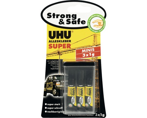 UHU Super Strong&Safe Mini Alleskleber 3x1 g UHU Alleskleber Super Minis, 3 Tuben à 1 Gramm